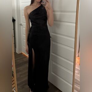 Lulus Signature Elegance Black Satin One-shoulder Maxi Dress - Size XS